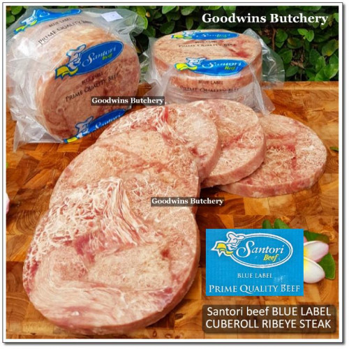 Beef Cuberoll Scotch-Fillet RIBEYE frozen Australia MELTIQUE SANTORI BLUE LABEL steak +/- 5/8" original pack (price/pack 1kg 5pcs)